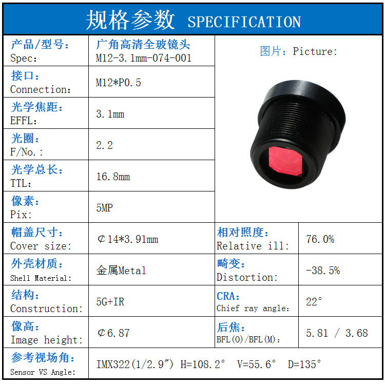 3.2mm 렌즈 사양